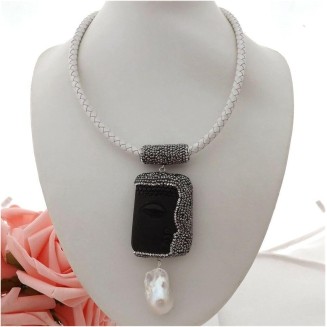 fashion accessories 18inch White Leather Necklace White Keshi Pearl Natural Black Stone Caved Buddha Pendant Necklace Religious Style Women's Necklaces