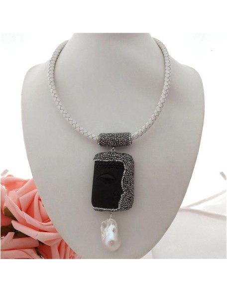 fashion accessories 18inch White Leather Necklace White Keshi Pearl Natural Black Stone Caved Buddha Pendant Necklace Religious Style Women's Necklaces