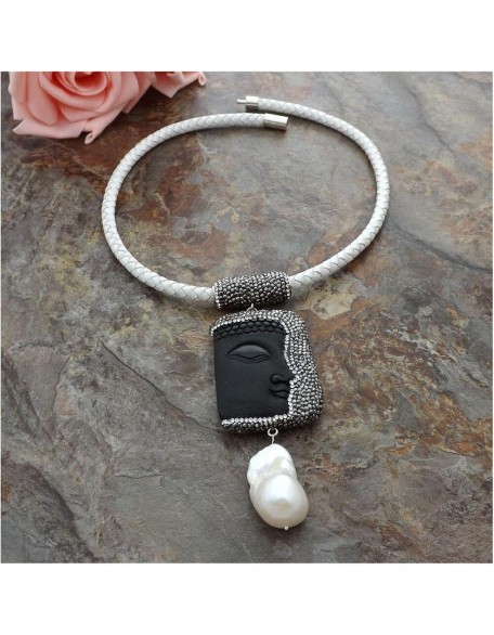 fashion accessories 18inch White Leather Necklace White Keshi Pearl Natural Black Stone Caved Buddha Pendant Necklace Religious Style Women's Necklaces