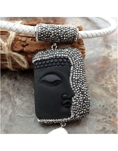 fashion accessories 18inch White Leather Necklace White Keshi Pearl Natural Black Stone Caved Buddha Pendant Necklace Religious Style Women's Necklaces