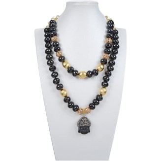 fashion accessories Jewelry Natural 2 Rows Black Onyx Rondelle Buddha Chain Buddhist Statues Pendant Necklace 21inch for Women Women's Necklaces