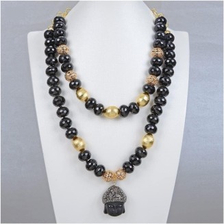 fashion accessories Jewelry Natural 2 Rows Black Onyx Rondelle Buddha Chain Buddhist Statues Pendant Necklace 21inch for Women Women's Necklaces