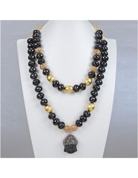 fashion accessories Jewelry Natural 2 Rows Black Onyx Rondelle Buddha Chain Buddhist Statues Pendant Necklace 21inch for Women Women's Necklaces