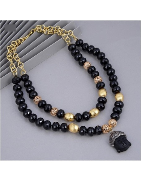 fashion accessories Jewelry Natural 2 Rows Black Onyx Rondelle Buddha Chain Buddhist Statues Pendant Necklace 21inch for Women Women's Necklaces