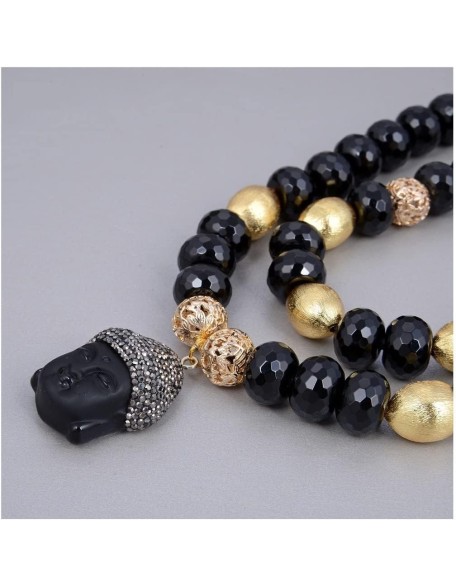 fashion accessories Jewelry Natural 2 Rows Black Onyx Rondelle Buddha Chain Buddhist Statues Pendant Necklace 21inch for Women Women's Necklaces