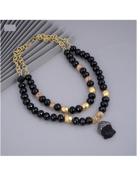 fashion accessories Jewelry Natural 2 Rows Black Onyx Rondelle Buddha Chain Buddhist Statues Pendant Necklace 21inch for Women Women's Necklaces