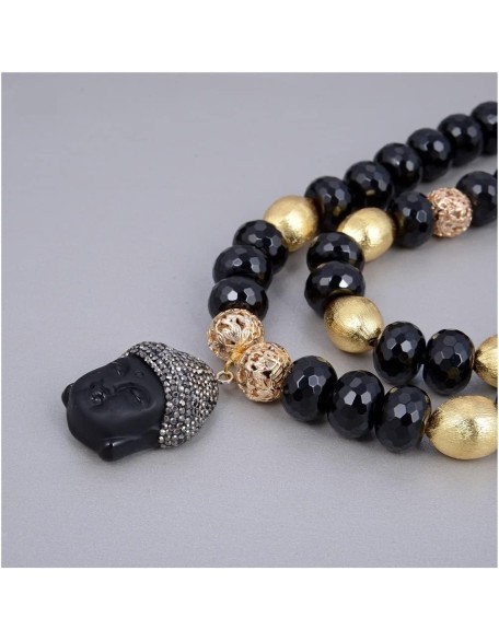 fashion accessories Jewelry Natural 2 Rows Black Onyx Rondelle Buddha Chain Buddhist Statues Pendant Necklace 21inch for Women Women's Necklaces