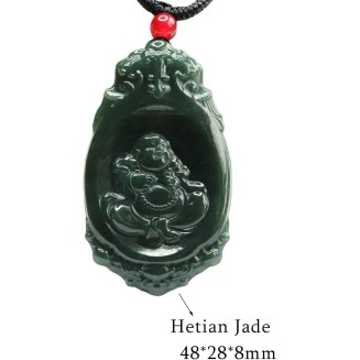 Chalcedony Necklace, Feng Shui Necklace Natural Hetian Jade Necklace Buddha Charm Pendant Necklace Talisman Stone Good Luck Necklace Dark Green Jade Necklace for Women Men Vintage Meditation Necklace