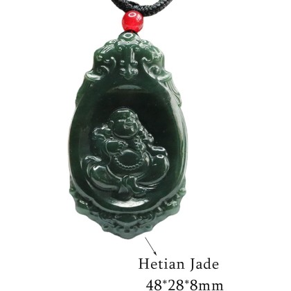 Chalcedony Necklace, Feng Shui Necklace Natural Hetian Jade Necklace Buddha Charm Pendant Necklace Talisman Stone Good Luck Necklace Dark Green Jade Necklace for Women Men Vintage Meditation Necklace