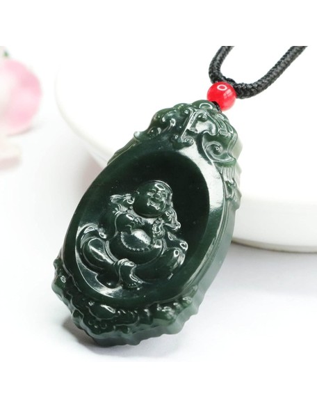 Chalcedony Necklace, Feng Shui Necklace Natural Hetian Jade Necklace Buddha Charm Pendant Necklace Talisman Stone Good Luck Necklace Dark Green Jade Necklace for Women Men Vintage Meditation Necklace