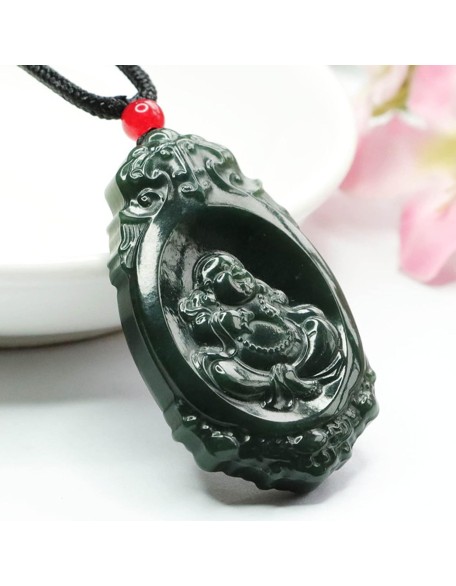 Chalcedony Necklace, Feng Shui Necklace Natural Hetian Jade Necklace Buddha Charm Pendant Necklace Talisman Stone Good Luck Necklace Dark Green Jade Necklace for Women Men Vintage Meditation Necklace