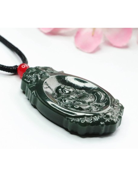 Chalcedony Necklace, Feng Shui Necklace Natural Hetian Jade Necklace Buddha Charm Pendant Necklace Talisman Stone Good Luck Necklace Dark Green Jade Necklace for Women Men Vintage Meditation Necklace