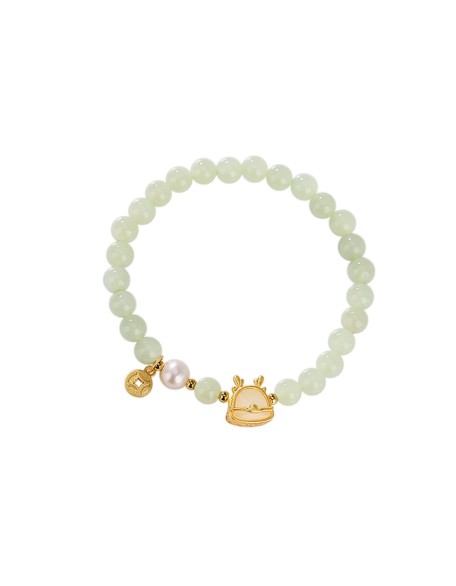 Green Natural Hetian Jade Bracelet for Women, Bead Charm Ring Bell Adjustable Bangle Alloy Lucky Chain Jewelry Gift for Her (Chinese Loong)