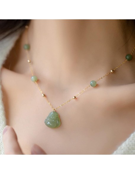 Pendant Necklace, Feng Shui Necklace Hetian Nephrite Jade Necklace Laughing Buddha Charm Pendant Necklace Natural Stone Dainty Choker Necklace Good Luck Amulet Vacation Jewelry for Women Girls,Green