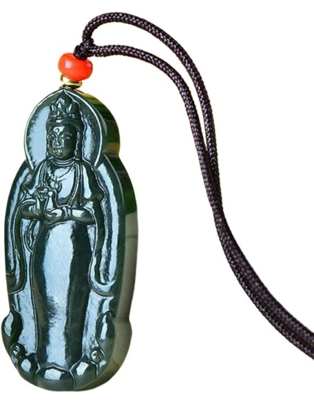 Pendant Necklace, Feng Shui Jade Necklace Guanyin Charm Pendant Necklace Natural Jade Necklace Buddha Amulet Jewelry for Men Women Talisman Stone Jade Green Long Necklace Attract Wealth Good Fortune