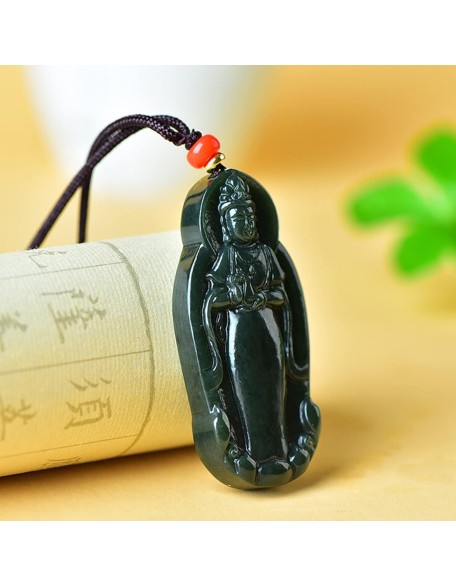 Pendant Necklace, Feng Shui Jade Necklace Guanyin Charm Pendant Necklace Natural Jade Necklace Buddha Amulet Jewelry for Men Women Talisman Stone Jade Green Long Necklace Attract Wealth Good Fortune