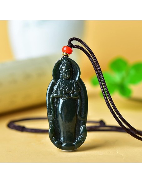 Pendant Necklace, Feng Shui Jade Necklace Guanyin Charm Pendant Necklace Natural Jade Necklace Buddha Amulet Jewelry for Men Women Talisman Stone Jade Green Long Necklace Attract Wealth Good Fortune