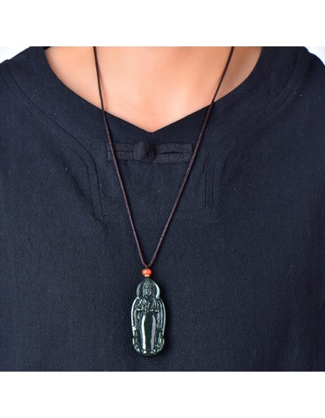 Pendant Necklace, Feng Shui Jade Necklace Guanyin Charm Pendant Necklace Natural Jade Necklace Buddha Amulet Jewelry for Men Women Talisman Stone Jade Green Long Necklace Attract Wealth Good Fortune