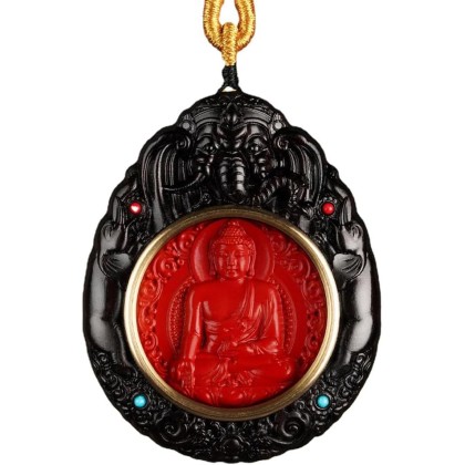 Feng Shui Buddha Amulet Pendant Necklace, Ebony Cinnabar Good Luck Protection Tibetan Buddhist Jewelry, Health Talisman Ward Off Evil Necklace, Handmade Wood Carving Religion Gifts