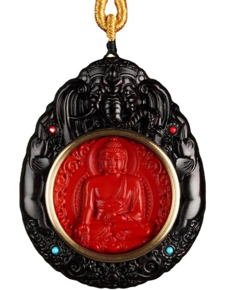 Feng Shui Buddha Amulet Pendant Necklace, Ebony Cinnabar Good Luck Protection Tibetan Buddhist Jewelry, Health Talisman Ward Off Evil Necklace, Handmade Wood Carving Religion Gifts