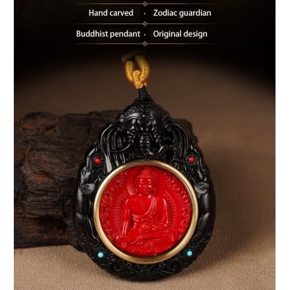 Feng Shui Buddha Amulet Pendant Necklace, Ebony Cinnabar Good Luck Protection Tibetan Buddhist Jewelry, Health Talisman Ward Off Evil Necklace, Handmade Wood Carving Religion Gifts