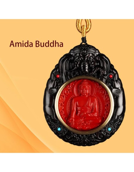 Feng Shui Buddha Amulet Pendant Necklace, Ebony Cinnabar Good Luck Protection Tibetan Buddhist Jewelry, Health Talisman Ward Off Evil Necklace, Handmade Wood Carving Religion Gifts