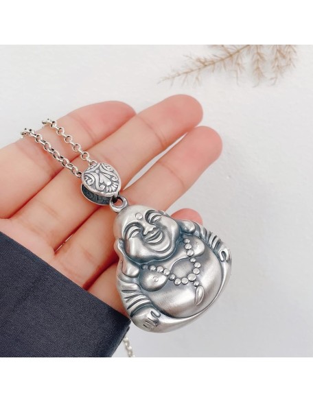 Necklace，Necklace Laughing Buddha Pendant Necklace Silver Buddha Necklace for Women Men Long Chain Necklace Feng Shui Wealth Necklace Amulet for Money Good,Large