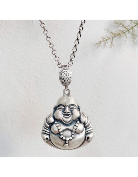 Necklace，Necklace Laughing Buddha Pendant Necklace Silver Buddha Necklace for Women Men Long Chain Necklace Feng Shui Wealth Necklace Amulet for Money Good,Large