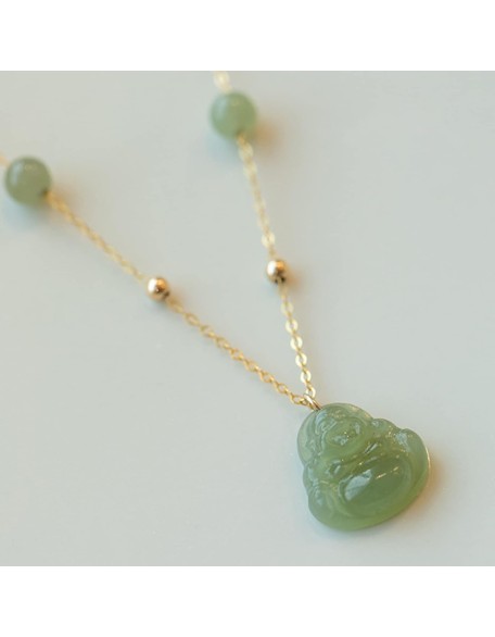 Jade Stone Necklace,Feng Shui Necklace Hetian Nephrite Jade Necklace Laughing Buddha Charm Pendant Necklace Natural Stone Dainty Choker Necklace Good Luck Amulet Vacation Jewelry for Women Girls,