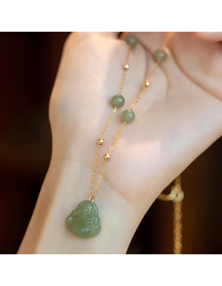 Jade Stone Necklace,Feng Shui Necklace Hetian Nephrite Jade Necklace Laughing Buddha Charm Pendant Necklace Natural Stone Dainty Choker Necklace Good Luck Amulet Vacation Jewelry for Women Girls,