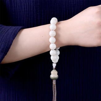 Mala Bead,Buddhist Rosary, Tibetan Buddhist Prayer Beads White Jade Bodhi Root Beaded Bracelet Handmade Tassel Hand-Held Buddha Bead for Meditation Prayer