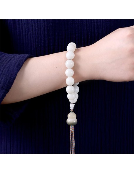 Mala Bead,Buddhist Rosary, Tibetan Buddhist Prayer Beads White Jade Bodhi Root Beaded Bracelet Handmade Tassel Hand-Held Buddha Bead for Meditation Prayer