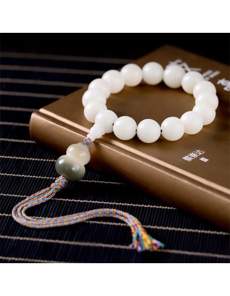 Mala Bead,Buddhist Rosary, Tibetan Buddhist Prayer Beads White Jade Bodhi Root Beaded Bracelet Handmade Tassel Hand-Held Buddha Bead for Meditation Prayer