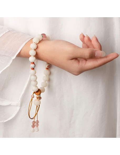 Mala Bead,Buddhist Rosary, Tibetan Buddhist Prayer Beads White Jade Bodhi Lotus Hand String Bodhi Buddha Beads Rosary Beads for Men And Women with A Single Ring Bracelet (Color : Jade)