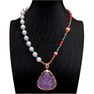 Women's Necklaces White Pearl Red Coral Blue Turquoise Necklace Purple Jade Buddha Pendant