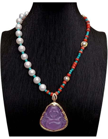 Women's Necklaces White Pearl Red Coral Blue Turquoise Necklace Purple Jade Buddha Pendant