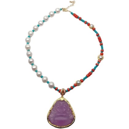 Women's Necklaces White Pearl Red Coral Blue Turquoise Necklace Purple Jade Buddha Pendant