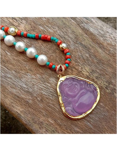 Women's Necklaces White Pearl Red Coral Blue Turquoise Necklace Purple Jade Buddha Pendant