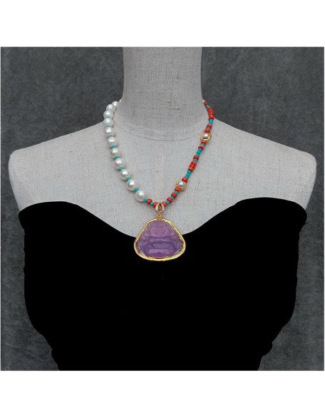 Women's Necklaces White Pearl Red Coral Blue Turquoise Necklace Purple Jade Buddha Pendant