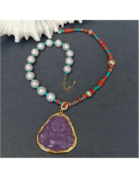 Women's Necklaces White Pearl Red Coral Blue Turquoise Necklace Purple Jade Buddha Pendant