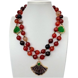 Women's Necklaces Statement Necklace 2 Rows Magic Agate Green Jade Buddha Black Shell Pendant Necklace 18inch