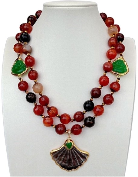 Women's Necklaces Statement Necklace 2 Rows Magic Agate Green Jade Buddha Black Shell Pendant Necklace 18inch