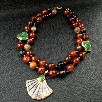 Women's Necklaces Statement Necklace 2 Rows Magic Agate Green Jade Buddha Black Shell Pendant Necklace 18inch