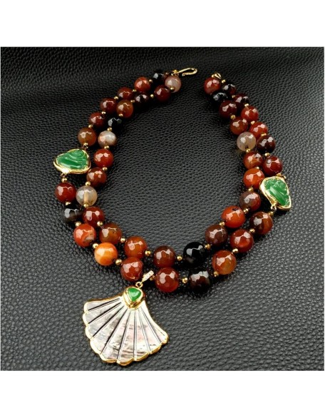 Women's Necklaces Statement Necklace 2 Rows Magic Agate Green Jade Buddha Black Shell Pendant Necklace 18inch