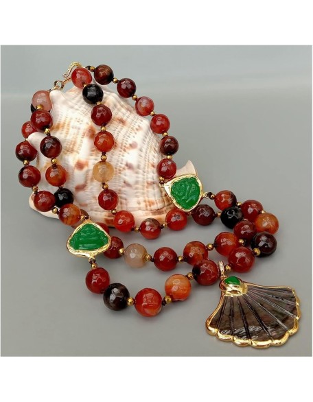 Women's Necklaces Statement Necklace 2 Rows Magic Agate Green Jade Buddha Black Shell Pendant Necklace 18inch