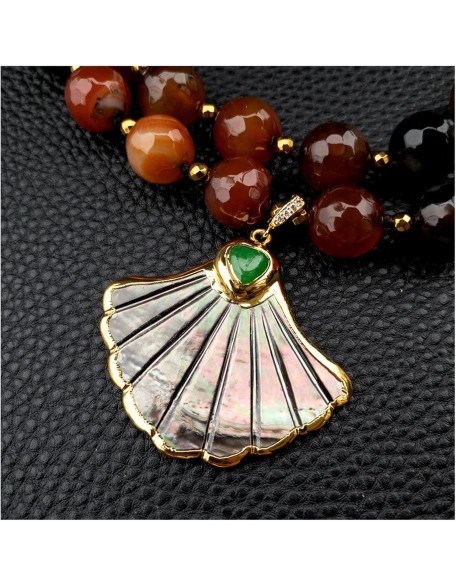 Women's Necklaces Statement Necklace 2 Rows Magic Agate Green Jade Buddha Black Shell Pendant Necklace 18inch