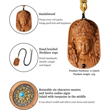 Sandalwood Buddha Pendant for Handmade Wood Carving, Tibetan Buddhist Necklace for Zen Decor, Ward Off Evil Wealth Luck Feng Shui Buddha Amulet, Religion Gifts for Meditation