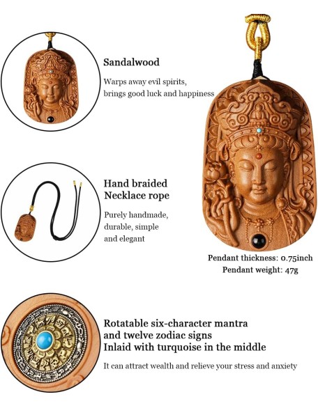 Sandalwood Buddha Pendant for Handmade Wood Carving, Tibetan Buddhist Necklace for Zen Decor, Ward Off Evil Wealth Luck Feng Shui Buddha Amulet, Religion Gifts for Meditation