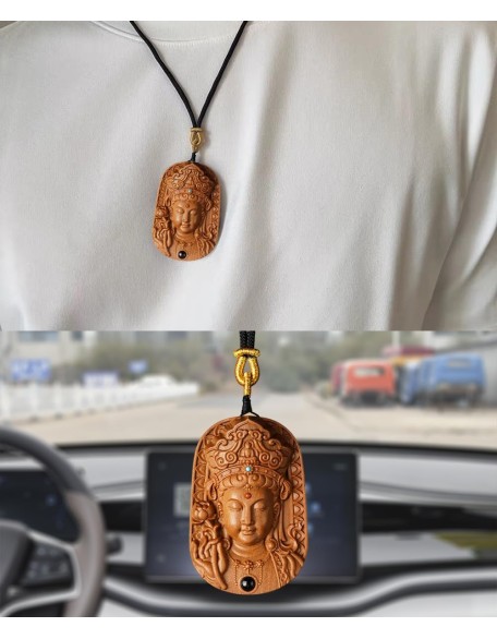 Sandalwood Buddha Pendant for Handmade Wood Carving, Tibetan Buddhist Necklace for Zen Decor, Ward Off Evil Wealth Luck Feng Shui Buddha Amulet, Religion Gifts for Meditation