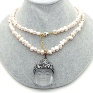 37inch Cultured White Baroque Freshwater Pearl Necklace Clear Crystal Buddha Pendant Religious Style Party Necklace pendant